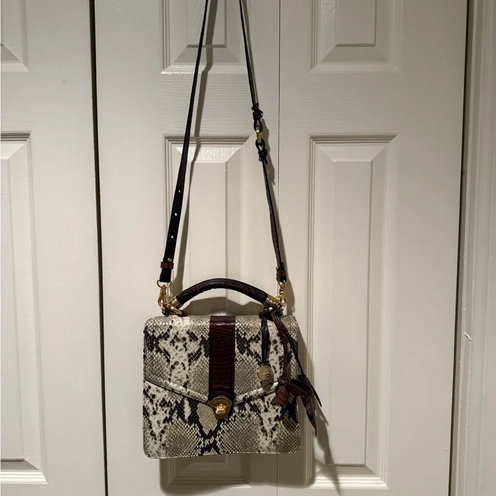 Brahmin Snakeskin Satchel in Cream and Brown with Gold Accents - Picture 2 of 8